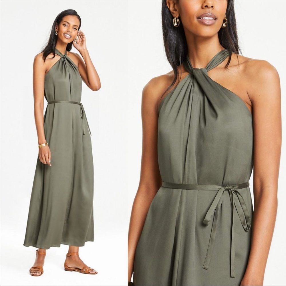 Ann Taylor Green Satin Knotted Halter Maxi Dress 8
